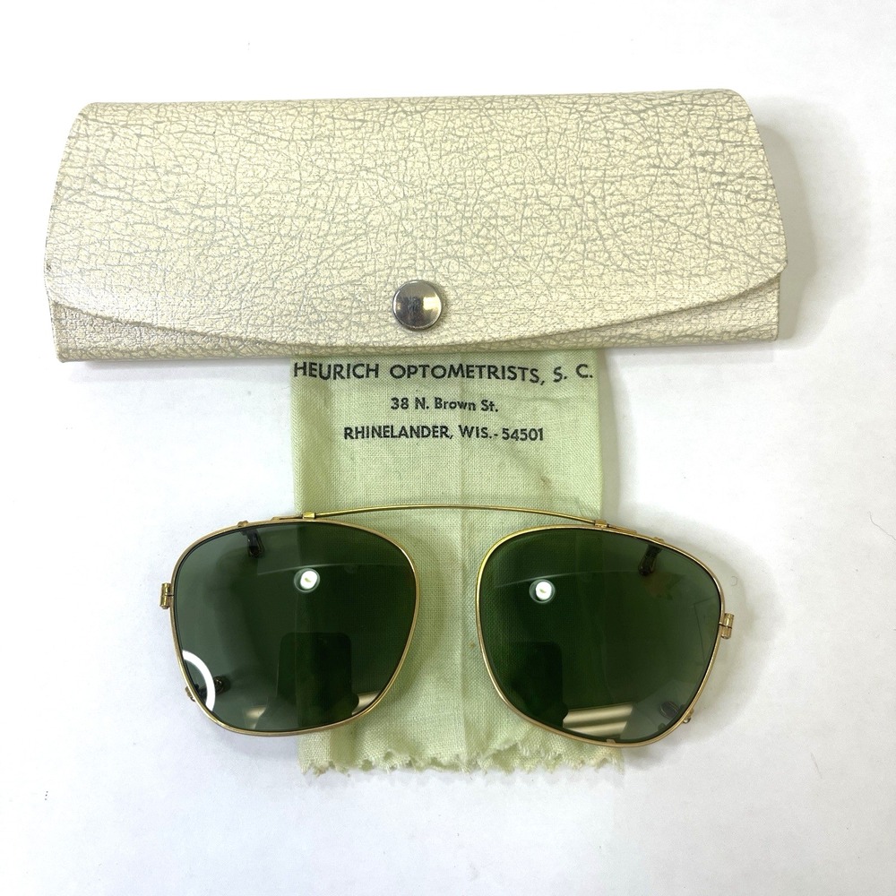 Vintage Metal Wire Clip-On Green Sunglasses w Original Case +Cloth Glasses
